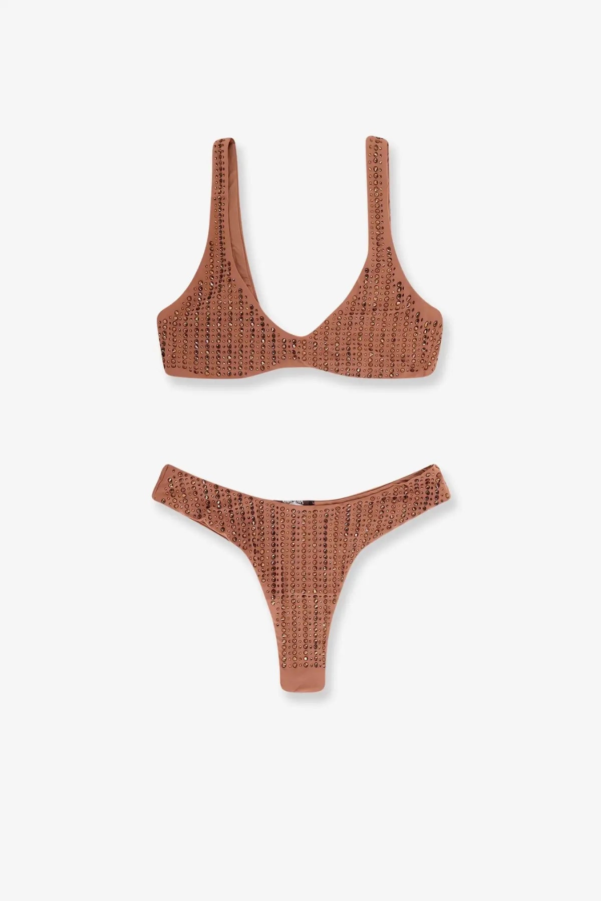 A rust-colored Venuja women’s nylon bikini brown set with textured sequined pattern on top and bottom pieces