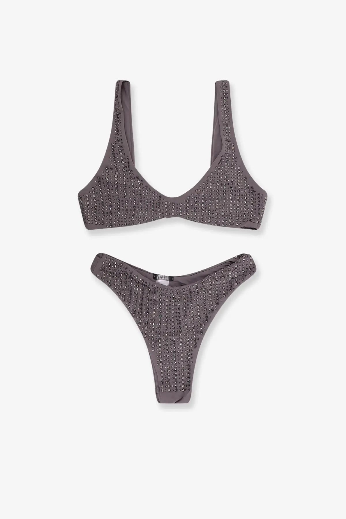 Venuja women’s nylon gray bikini set adorned with sparkling rhinestones on top and bottom pieces