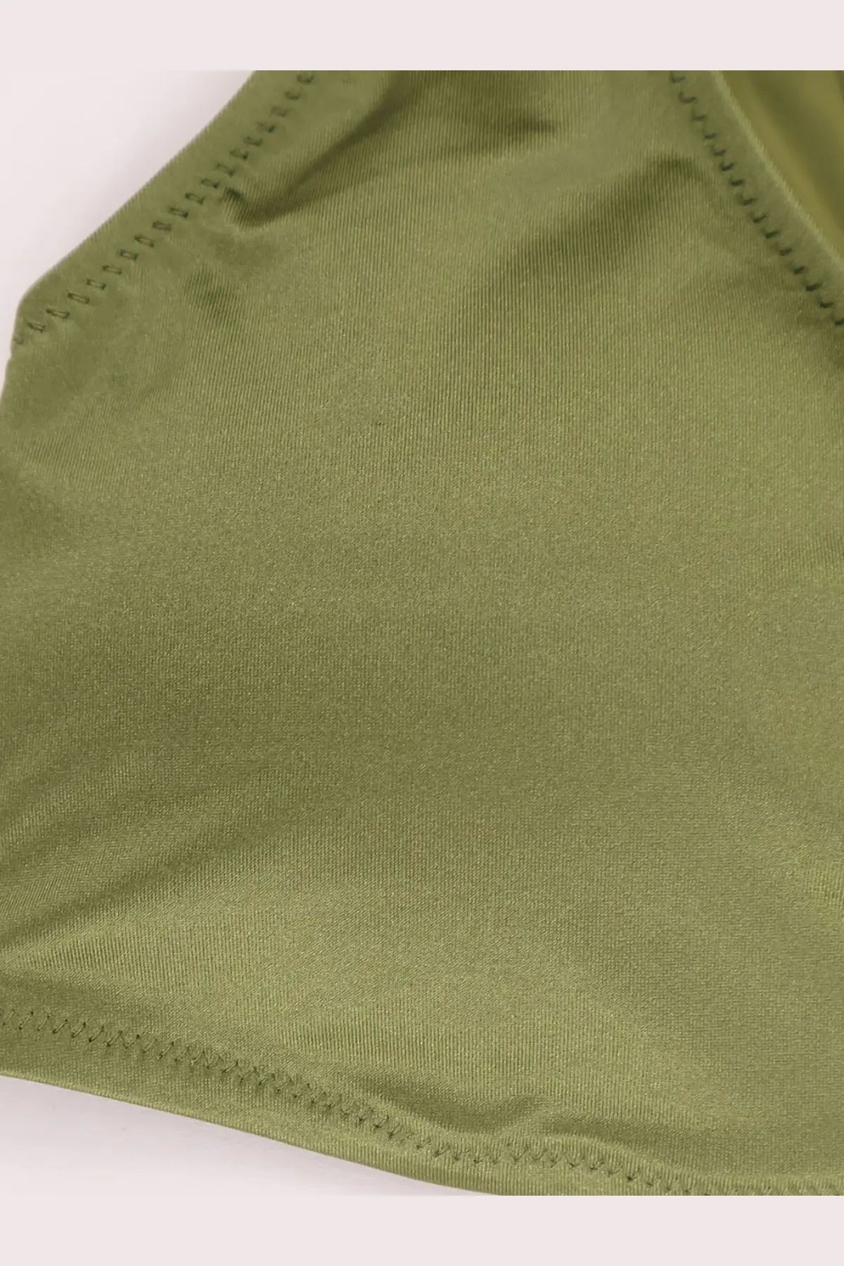 Olive green satin nylon bikini from venuja with fine even stitching along the edges
