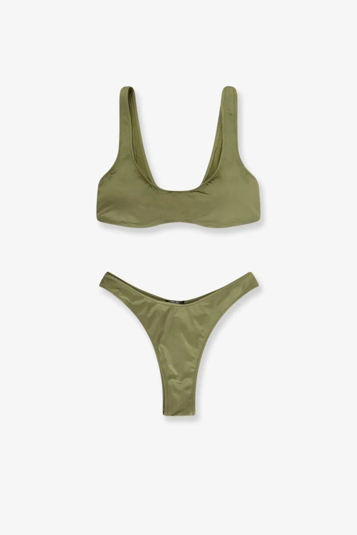 Olive green satin nylon bikini set by Venuja women featuring a smooth finish perfect for swimwear