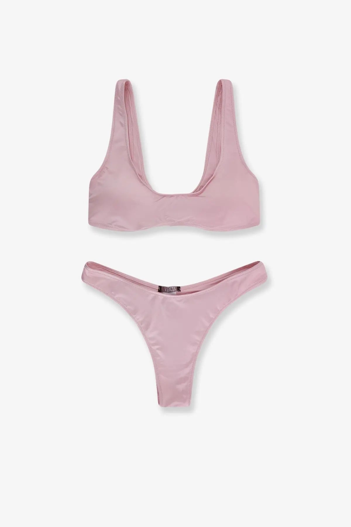 A soft pink satin nylon bikini set with a sleek minimalist design from venuja women’s nylon bikini pale collection