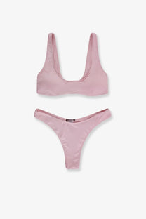 A soft pink satin nylon bikini set with sleek minimalist design from venuja womens nylon bikini pale collection