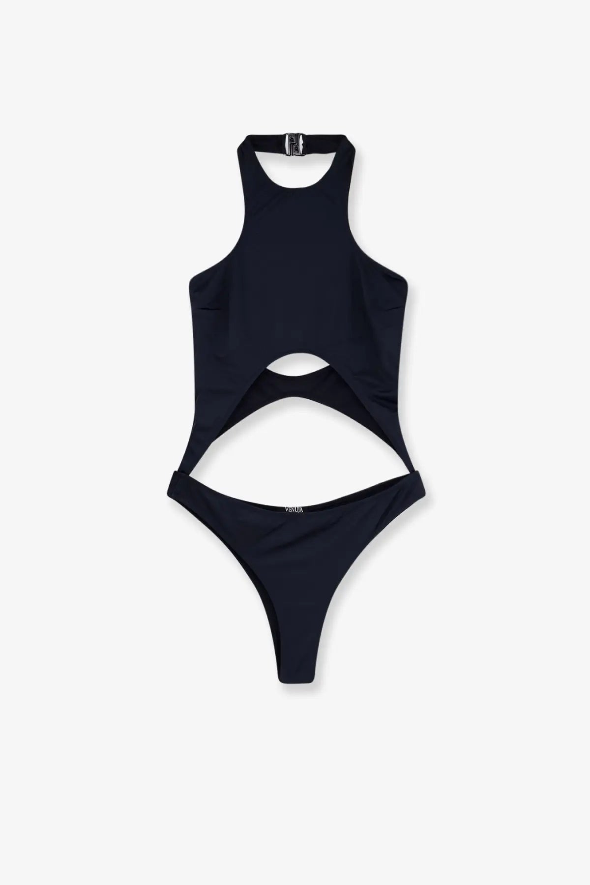 Venuja women’s black nylon one piece swimsuit with halter neckline and cutout details for stylish swimwear