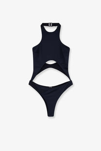 Venuja women’s black nylon one piece swimsuit with halter neckline and cutout details for stylish swimwear