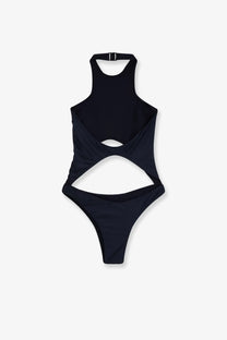 Venuja women’s black nylon one-piece swimsuit with halter neckline and cutout details for stylish swimwear