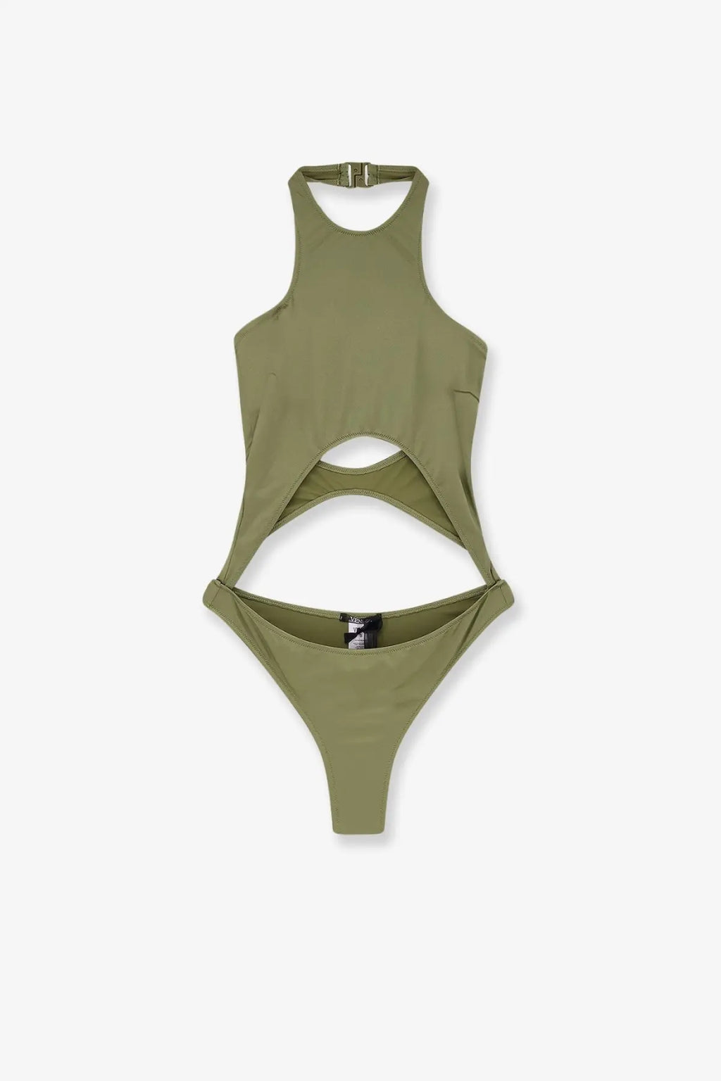 Venuja women’s olive green nylon one-piece swimsuit with halter neckline and cut-out details front view