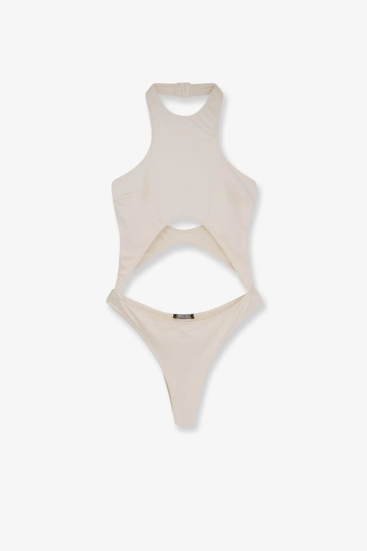 Venuja women’s nylon white one piece swimsuit with high neckline and distinctive waist cutout design