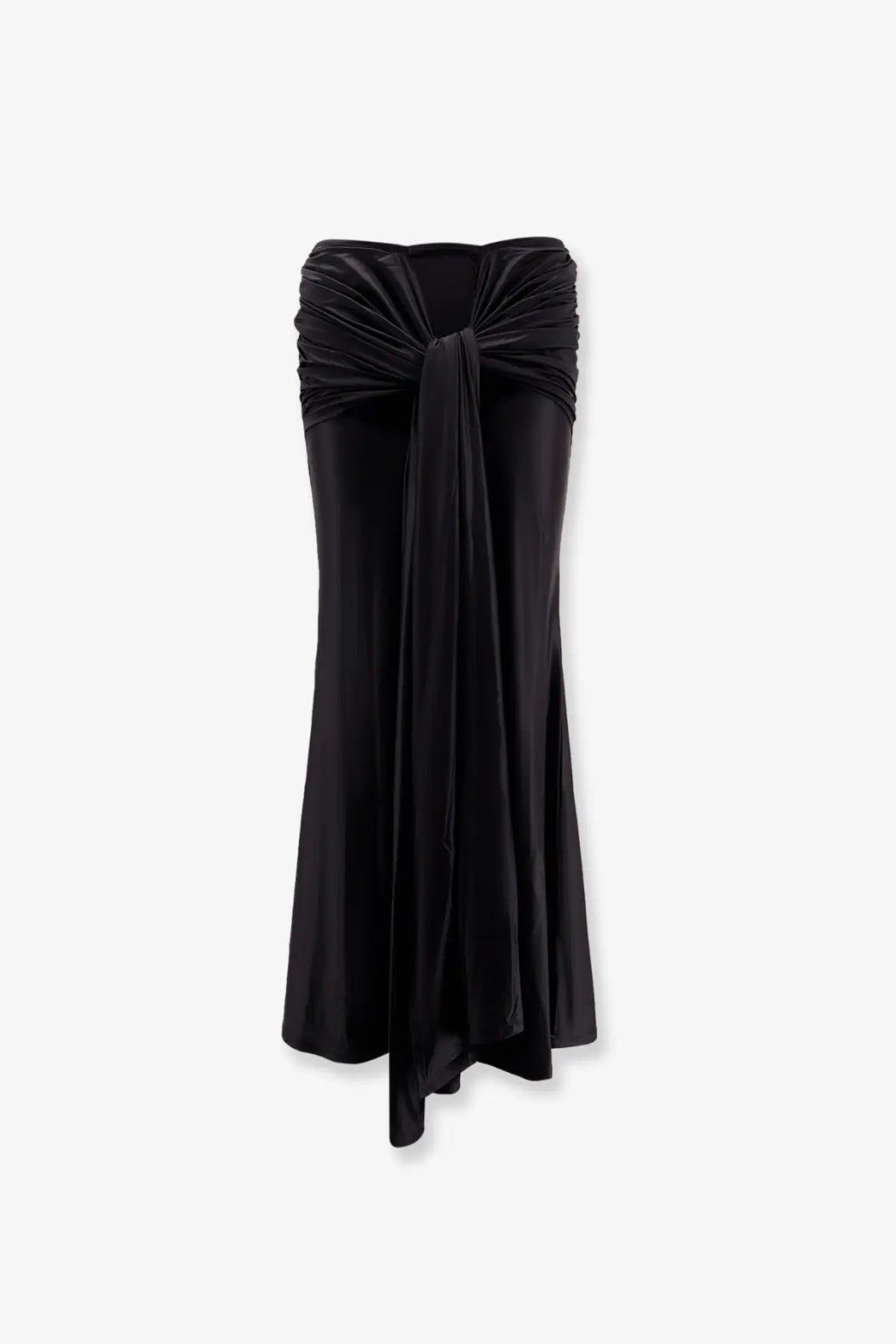 Venuja women’s black satin microfiber maxi skirt with draped twisted waistband and asymmetrical hemline