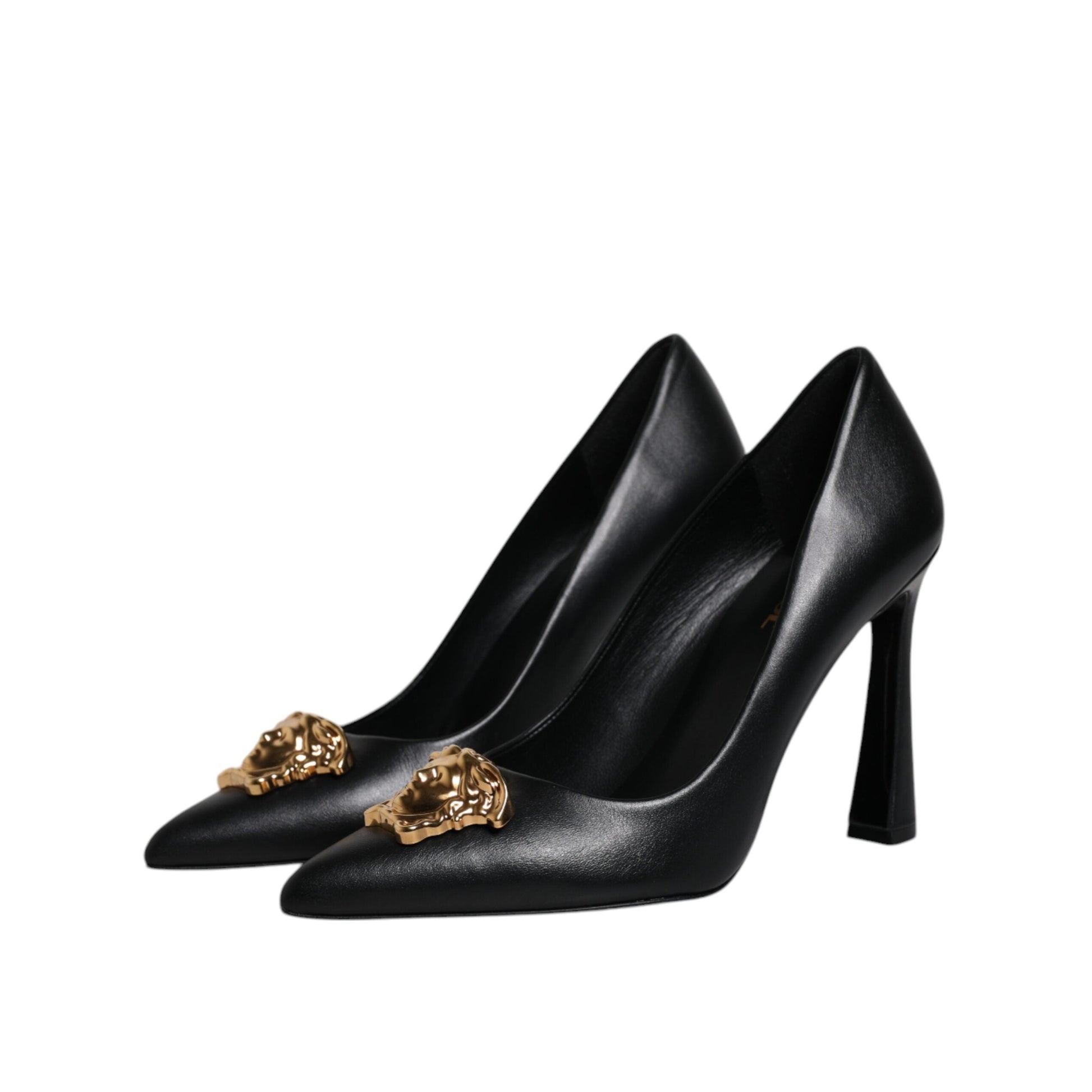 Versace - Versace Black Leather Logo Plaque High Heels Pumps Shoes