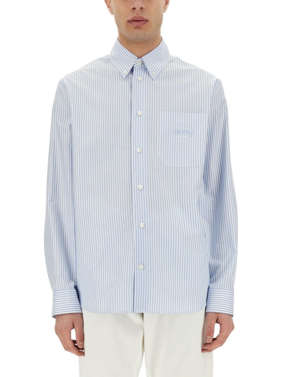 Versace - Versace Striped Shirt With Silk Printed Insert - Men’s Tops