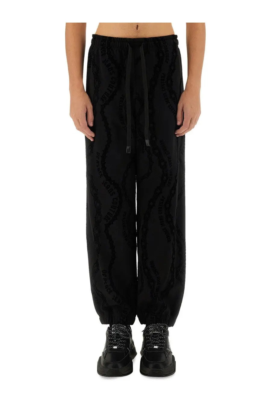 Versace Jeans Couture men’s black textured joggers with all over chain pattern and elastic drawstring waist