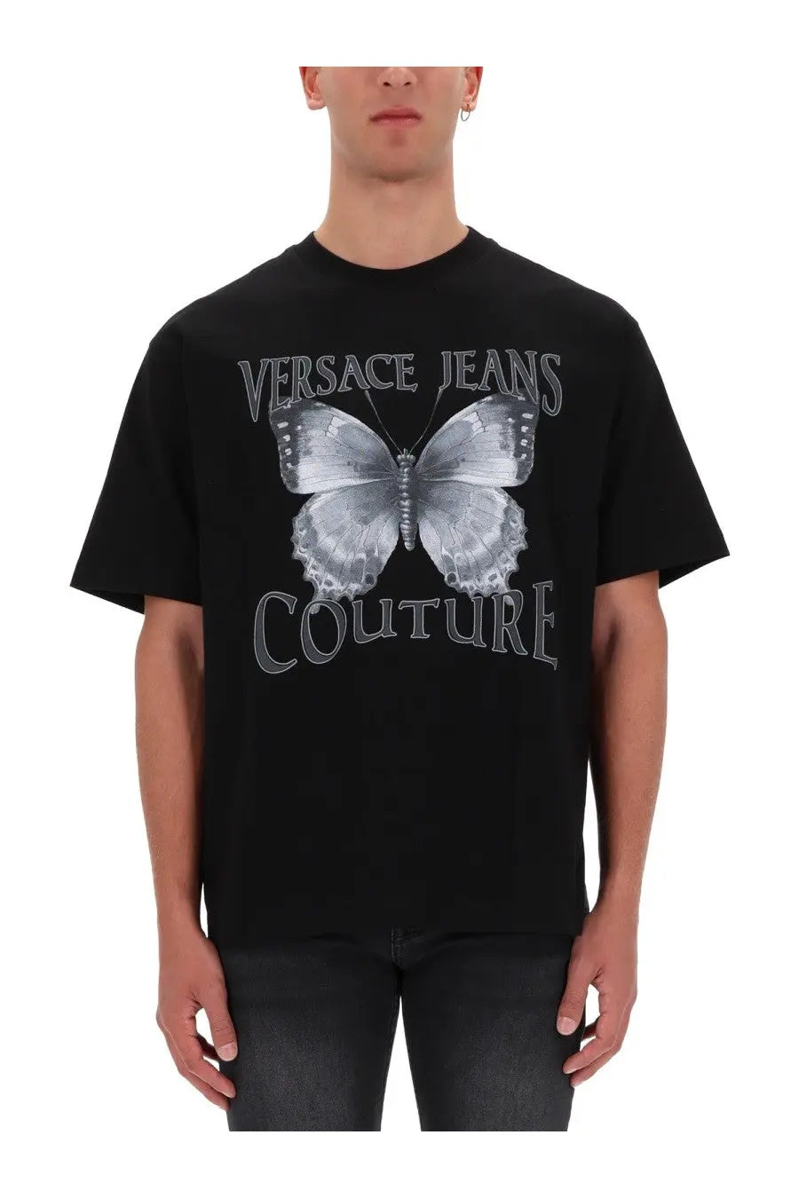 Versace jeans couture men’s black t-shirt featuring a large intricate silver butterfly graphic on the front