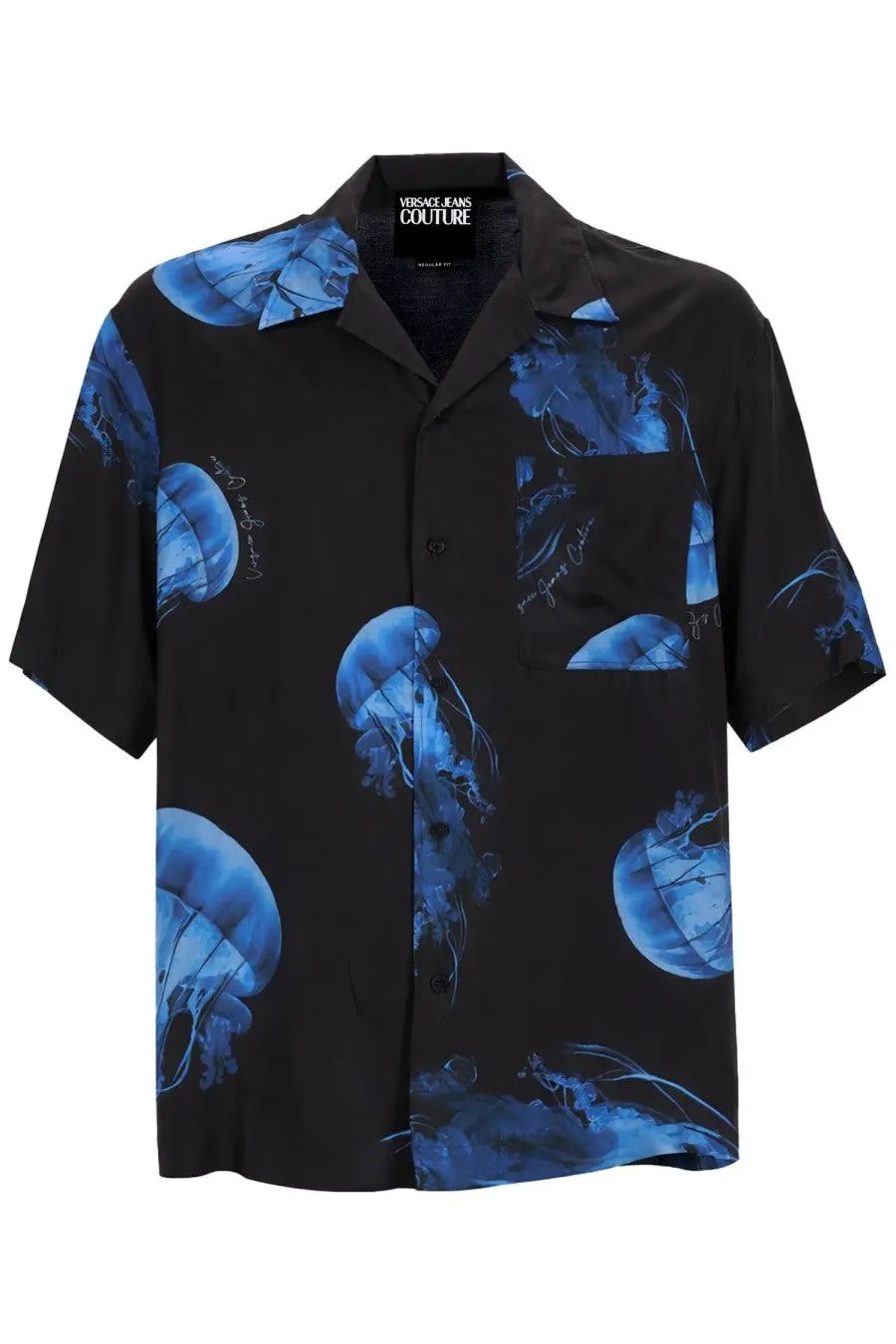Versace jeans couture men’s black short-sleeved button-up shirt with vibrant blue jellyfish print and script accents