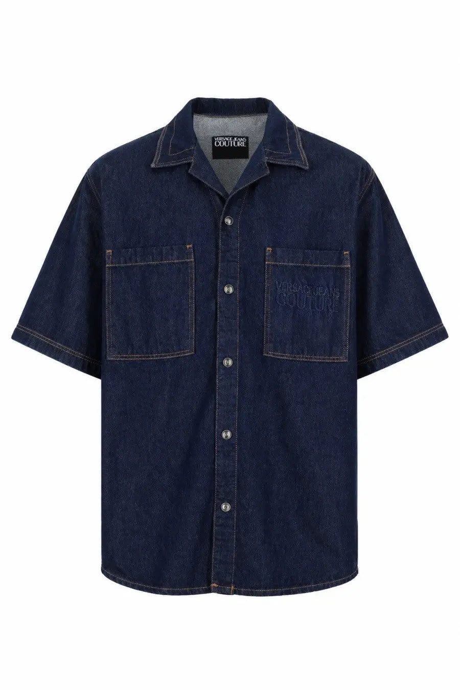 Versace Jeans Couture men’s dark blue denim short-sleeved button-up shirt with two front pockets and collar logo