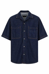 Versace Jeans Couture men’s dark blue denim short-sleeved button-up shirt with two front pockets and collar logo