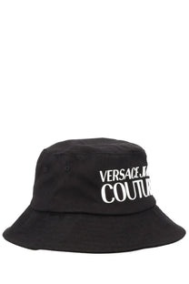 Versace Jeans Couture men’s black canvas bucket hat with bold white embroidered logo on the front