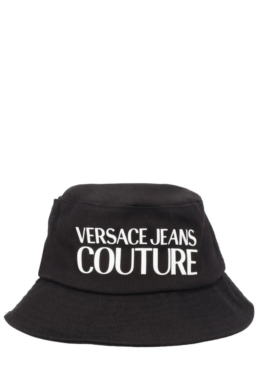 Versace Jeans Couture men’s black canvas bucket hat with bold white lettering on the front