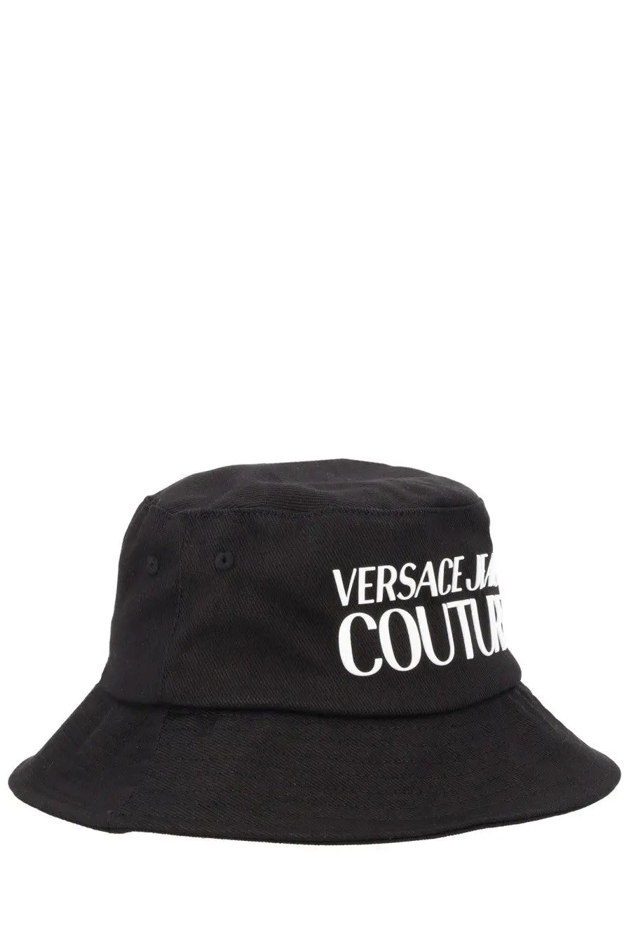 Versace Jeans Couture men’s black canvas bucket hat with bold white logo embroidered across the front