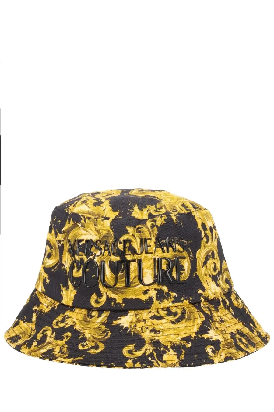 Versace Jeans Couture men’s black and gold bucket hat with ornate baroque pattern and wave print design