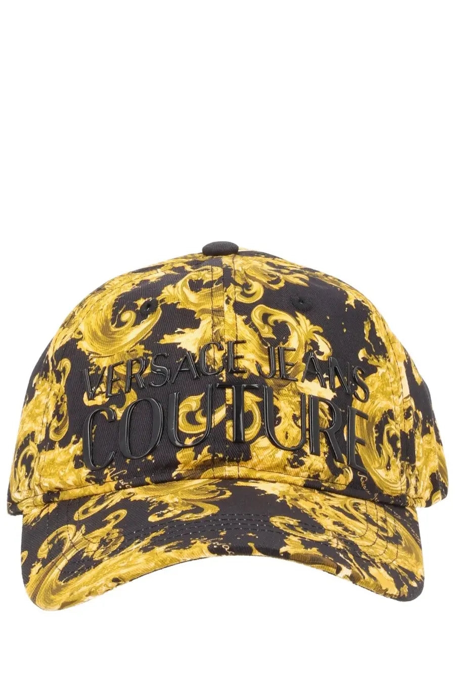Versace Jeans Couture men’s black and gold baseball cap with ornate baroque pattern and multicolor print