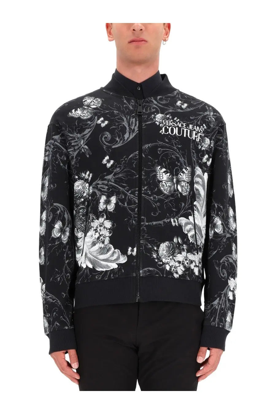 Versace jeans couture men’s black cotton fleece bomber jacket with intricate white floral and butterfly print on front