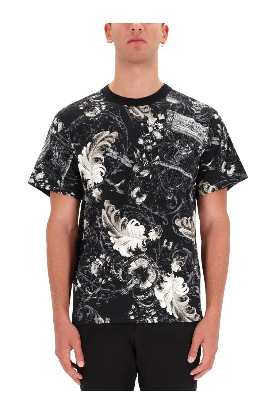 Versace Jeans Couture men’s black cotton t shirt with intricate white and gray baroque floral and scrollwork print