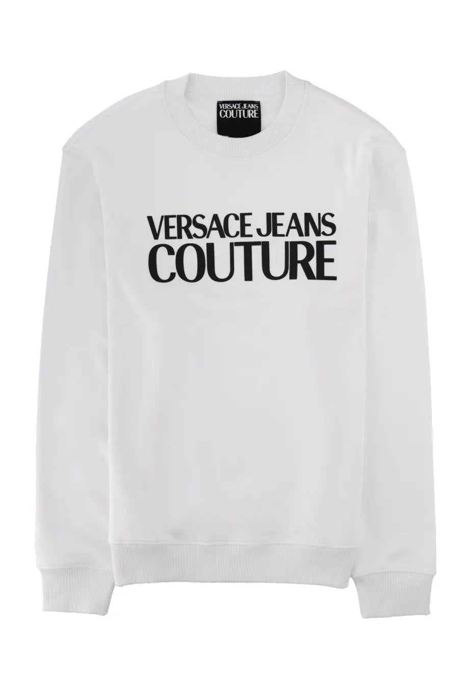 Versace Jeans Couture men’s white felpa con sweatshirt with bold black lettering and matching brand tag at neckline