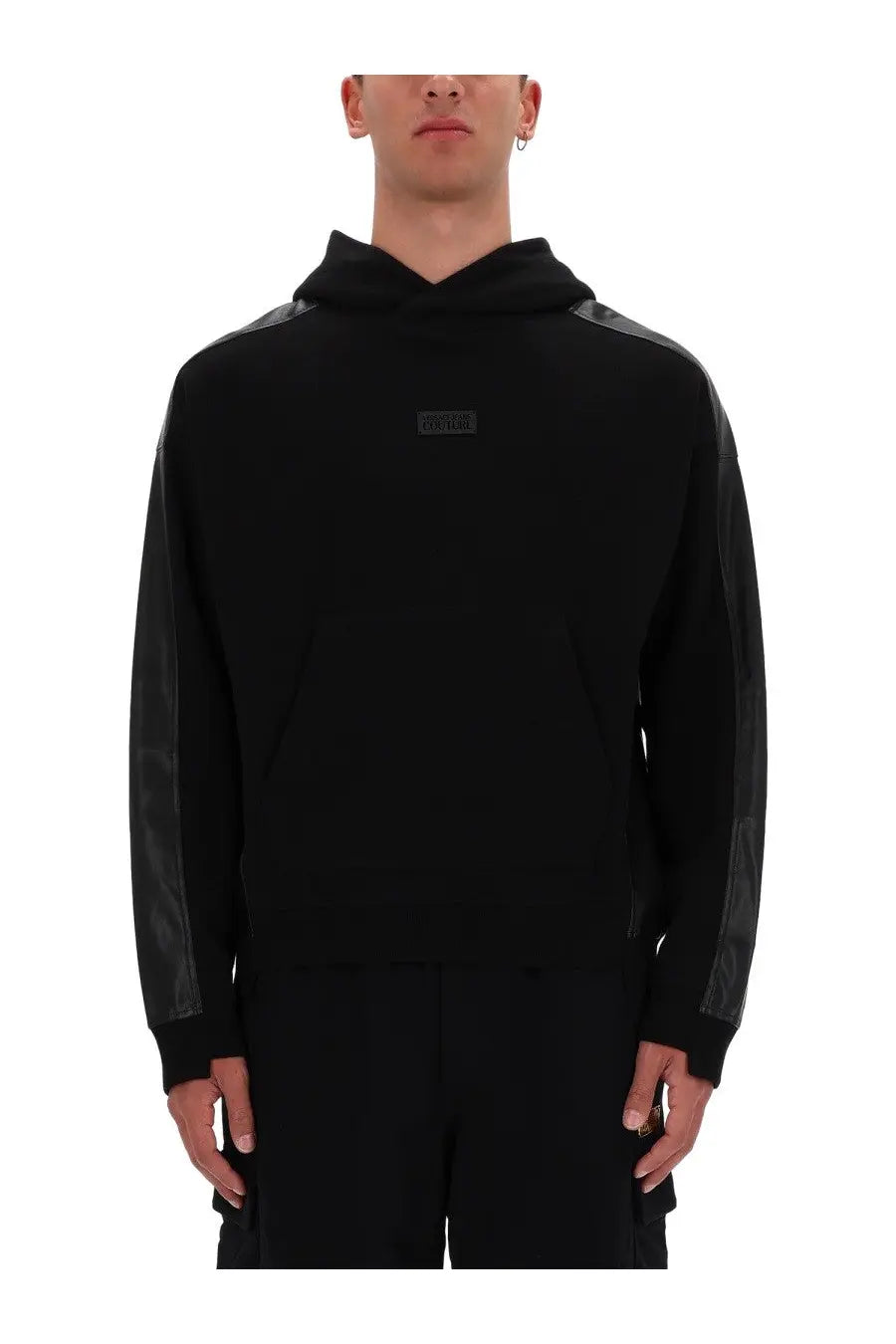 Versace Jeans Couture men’s black hoodie with matte black mesh sleeve panels and small rectangular logo patch on chest