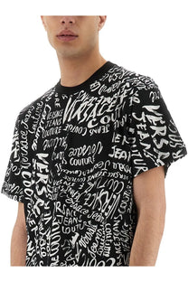 Versace jeans couture men’s black short-sleeved t-shirt with bold white graffiti style logo print all over