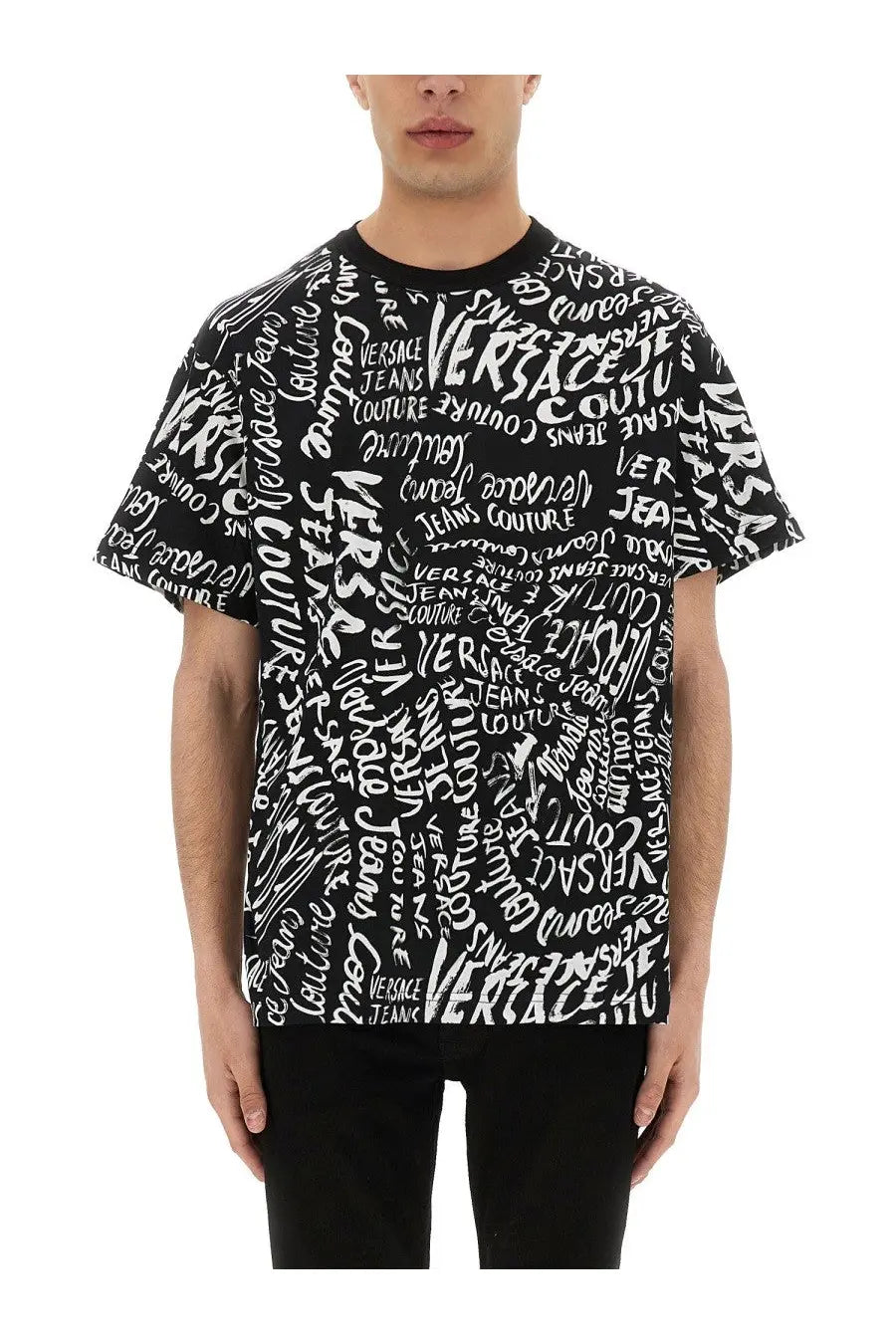 Black short-sleeved versace jeans couture t-shirt with bold white graffiti style logo print for men