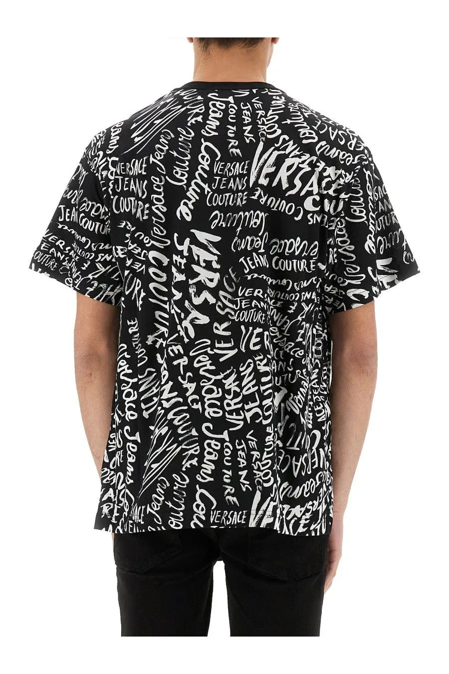Versace Jeans Couture men’s black short-sleeved t-shirt with bold white graffiti-style logomania print