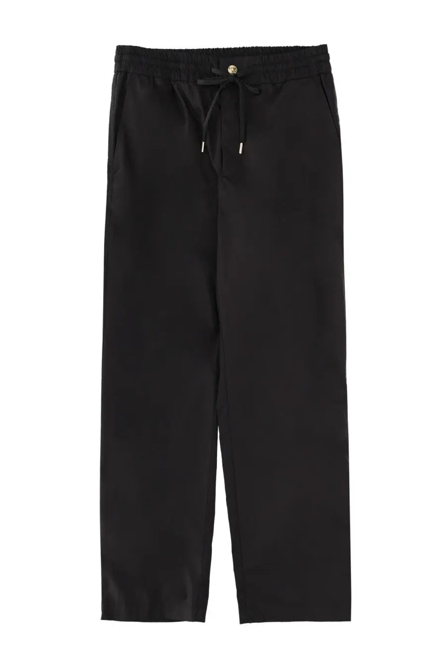 Versace jeans couture men’s black drawstring trousers with sleek straight-leg cut and subtle sheen