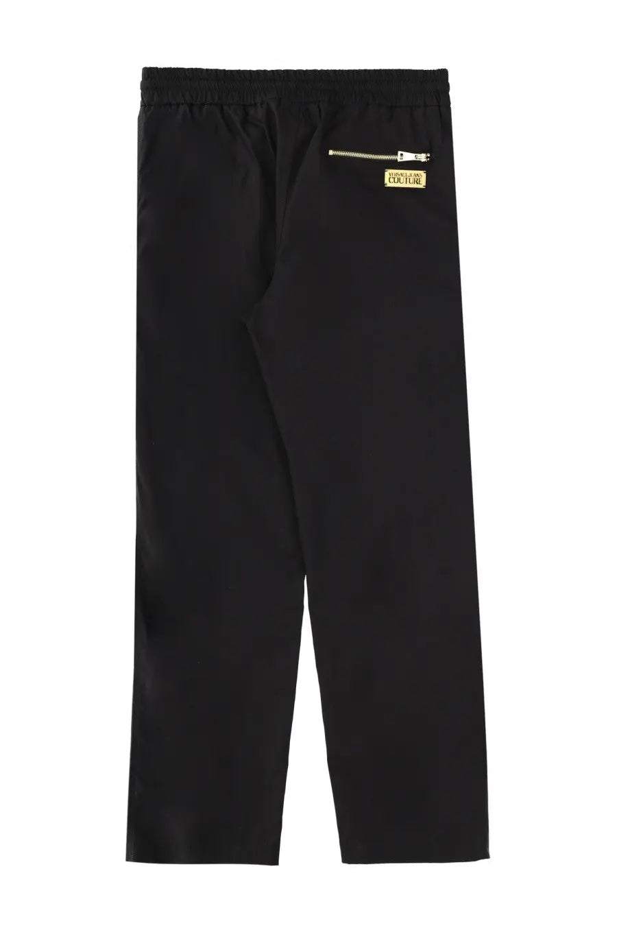 Back side of black versace jeans couture men’s pantalone jogger with gold zipper and brand patch on back pocket