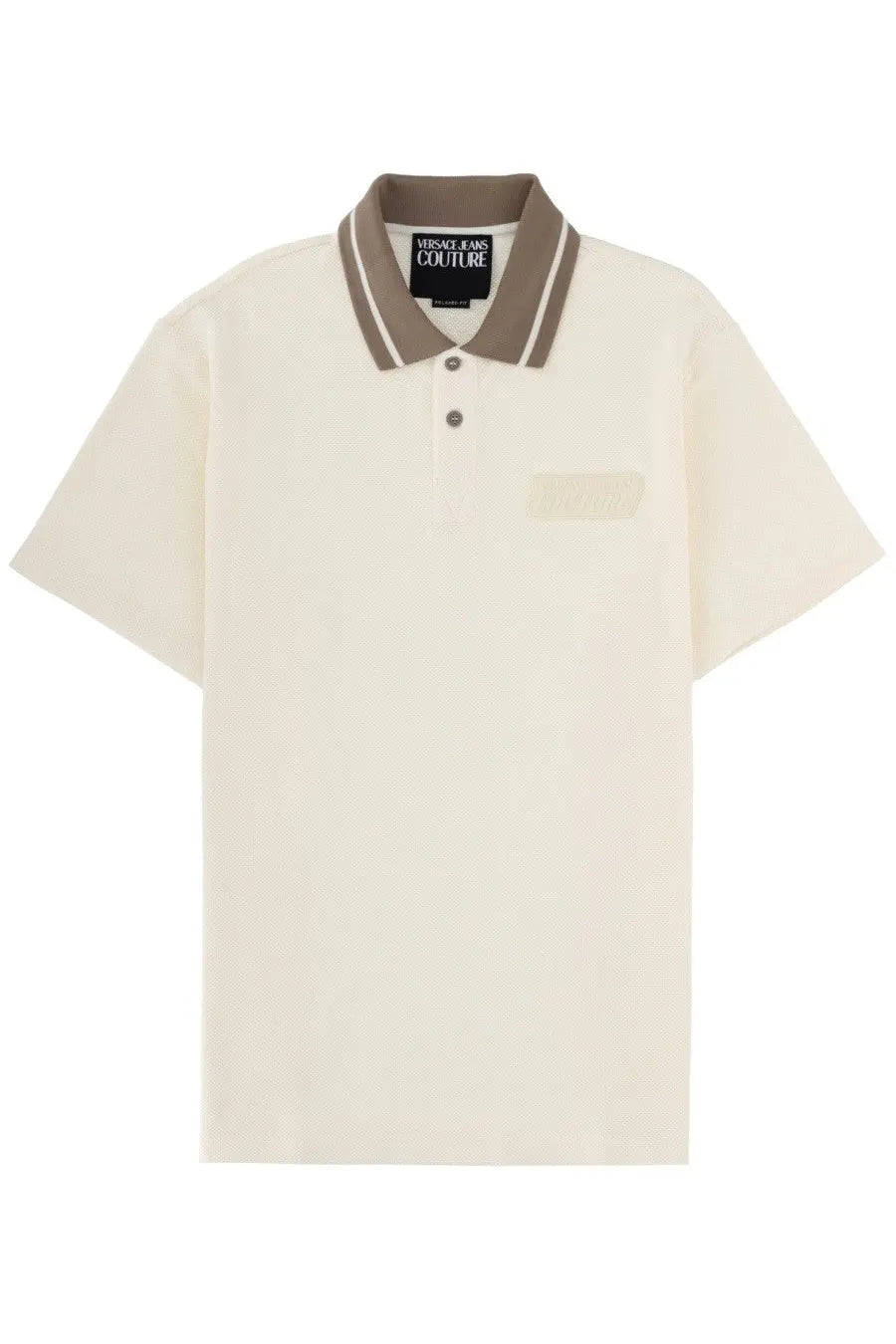 Versace Jeans Couture men’s cream short-sleeved polo shirt with brown collar white trim and branded neckline label