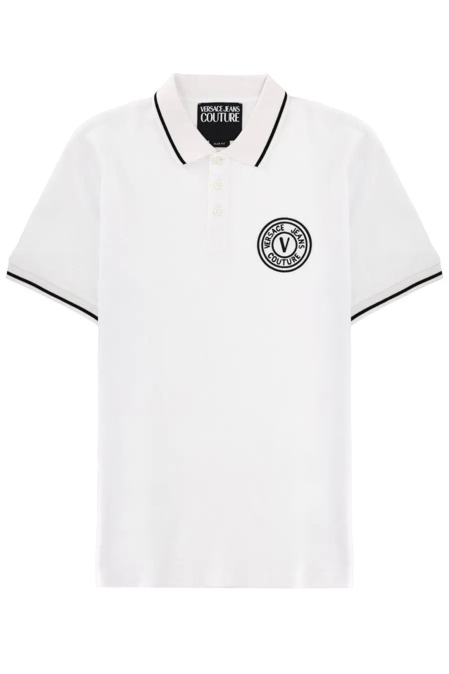 Versace Jeans Couture men’s white polo shirt with black trim and embroidered logo on front