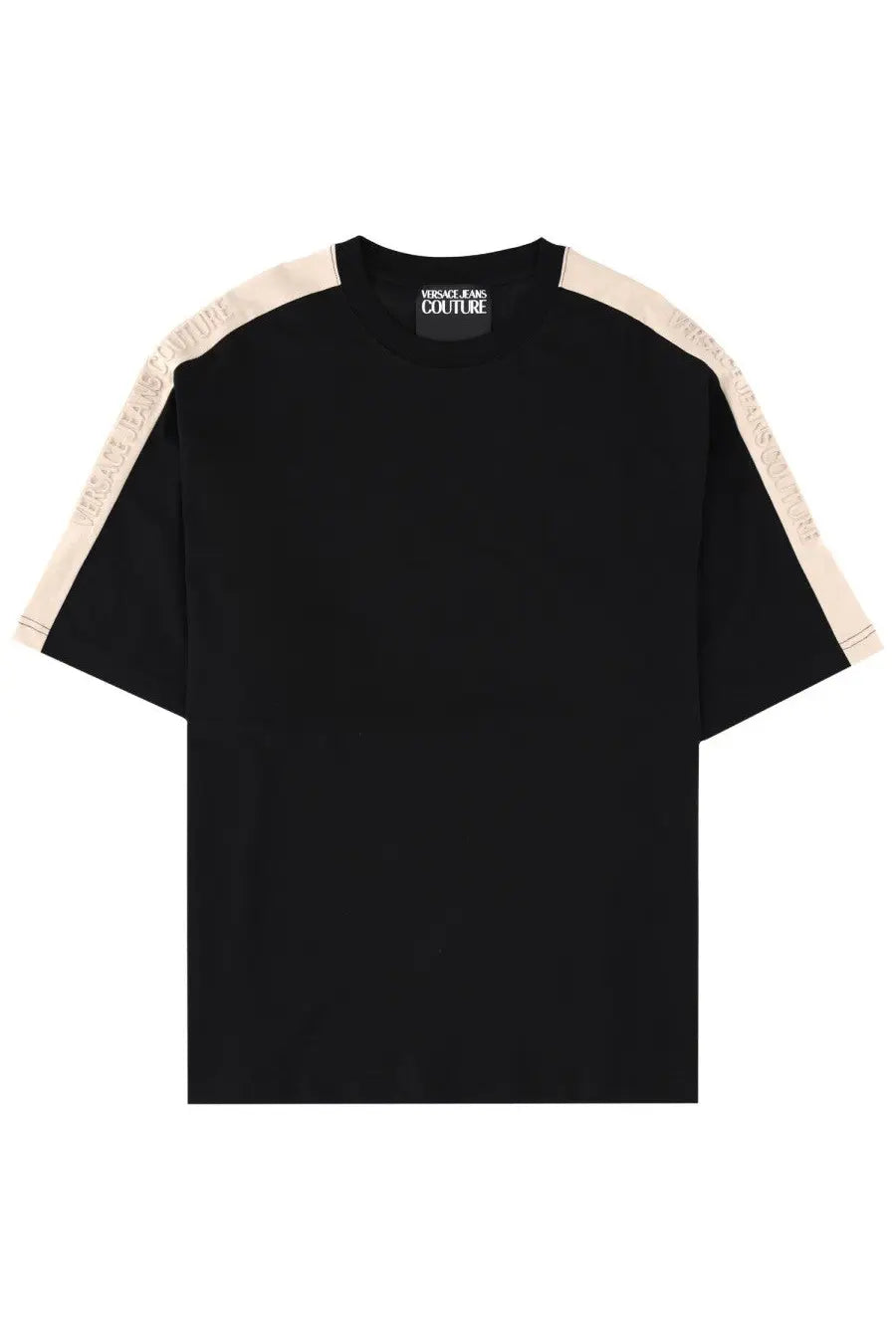 Versace Jeans Couture men’s black t-shirt featuring beige logo-stitched sleeve panels for casual wear