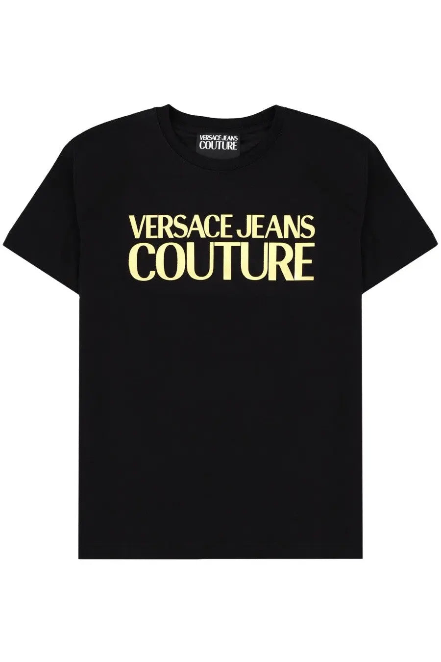 Versace jeans couture men’s black t-shirt with bold gold lettering across the chest made from soft cotton