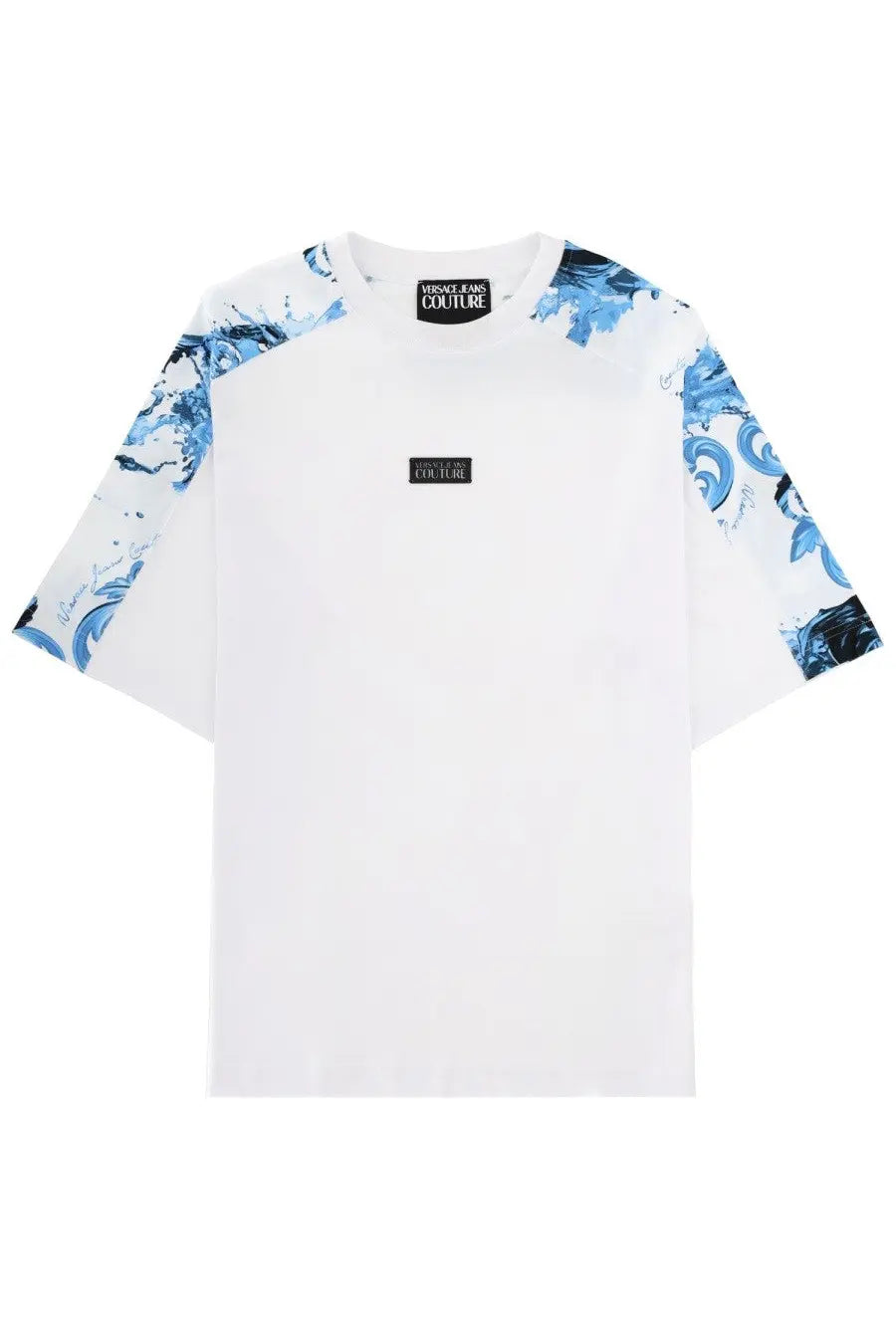 Versace Jeans Couture men’s white t-shirt with bold blue wave and signature print accents on sleeves