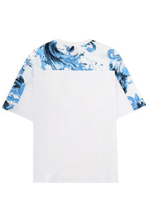 Versace Jeans Couture men’s white t-shirt with short sleeves and bold blue and black abstract wave pattern on shoulders and arms