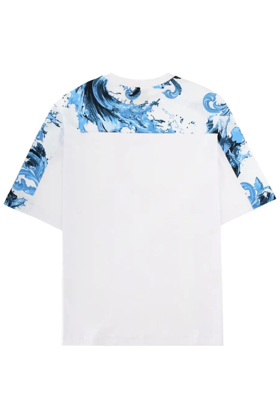 Versace Jeans Couture men’s white shirt with short sleeves featuring a bold blue and black abstract wave pattern