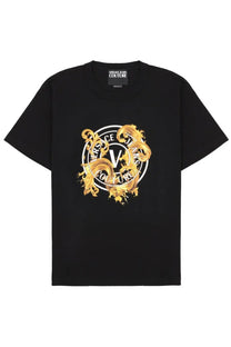 Versace jeans couture black t-shirt with bold gold and white ornate logo print for men