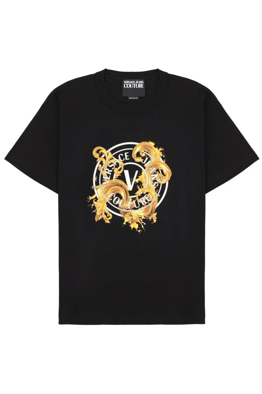 Versace jeans couture men’s black t-shirt featuring a bold gold and white ornate logo print on the front