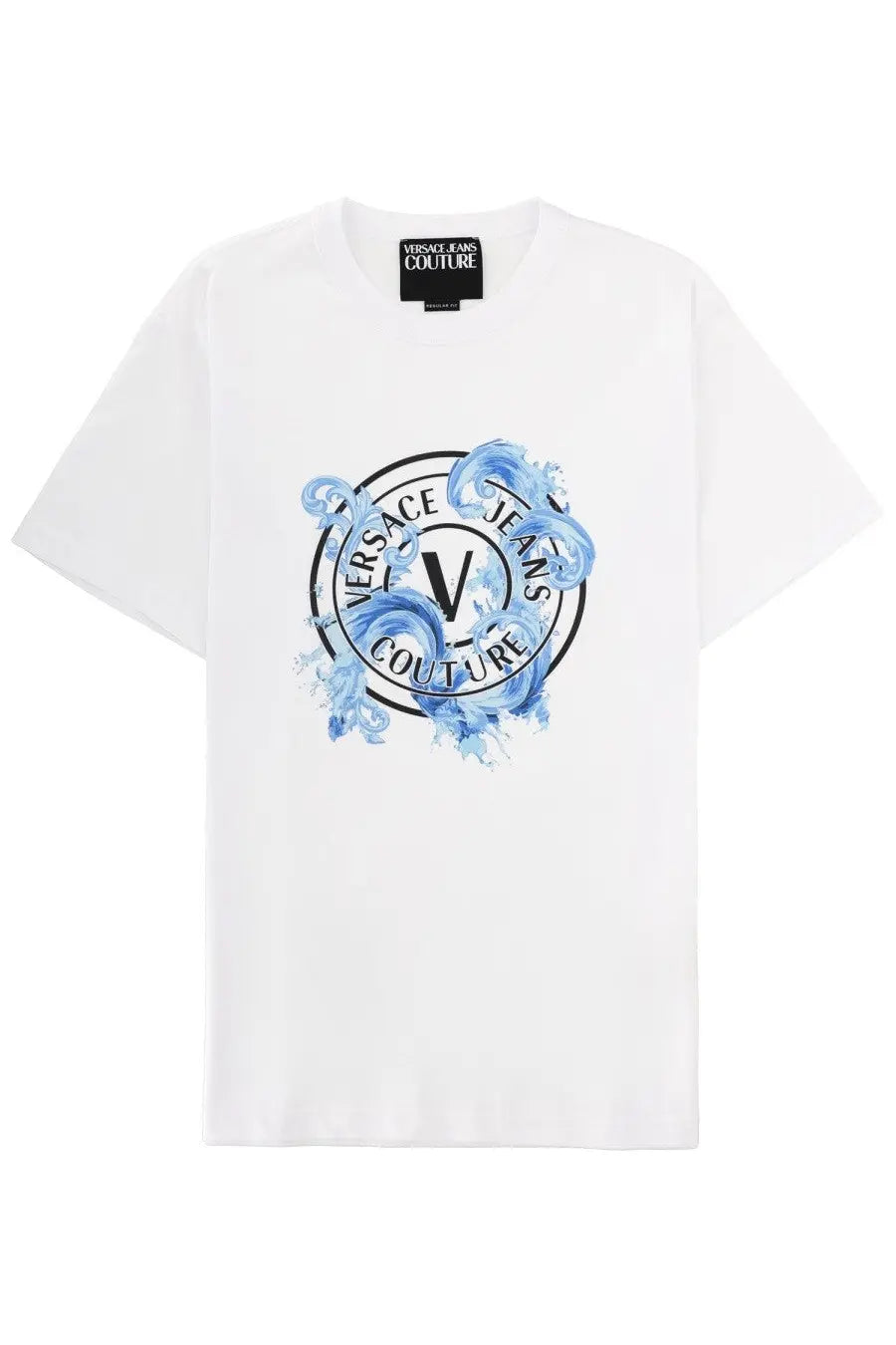 Versace jeans couture men’s white t-shirt with bold circular logo featuring blue watercolor splashes and black lettering