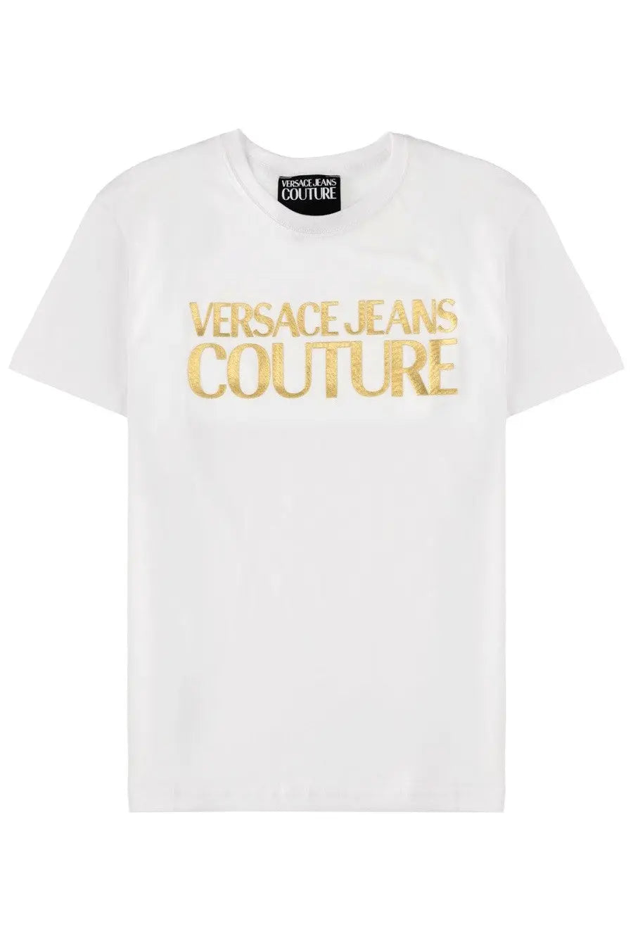 Versace jeans couture men’s white t-shirt with gold foil lettering across the chest in cotton material