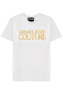 Versace jeans couture men’s white t-shirt with gold foil lettering across the chest in cotton material