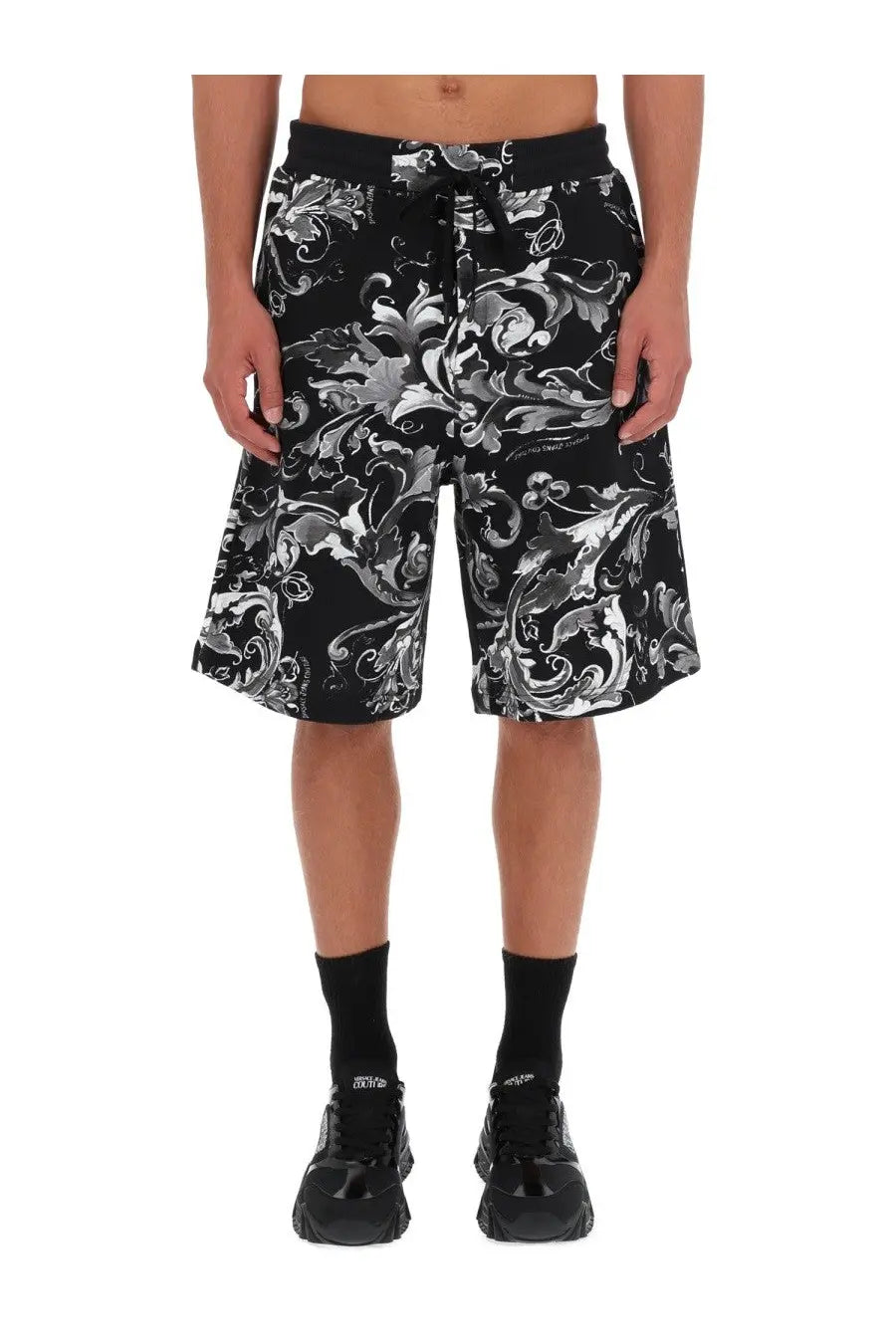 Versace Jeans Couture men’s black shorts with bold silver porcelain baroque pattern and elastic waistband