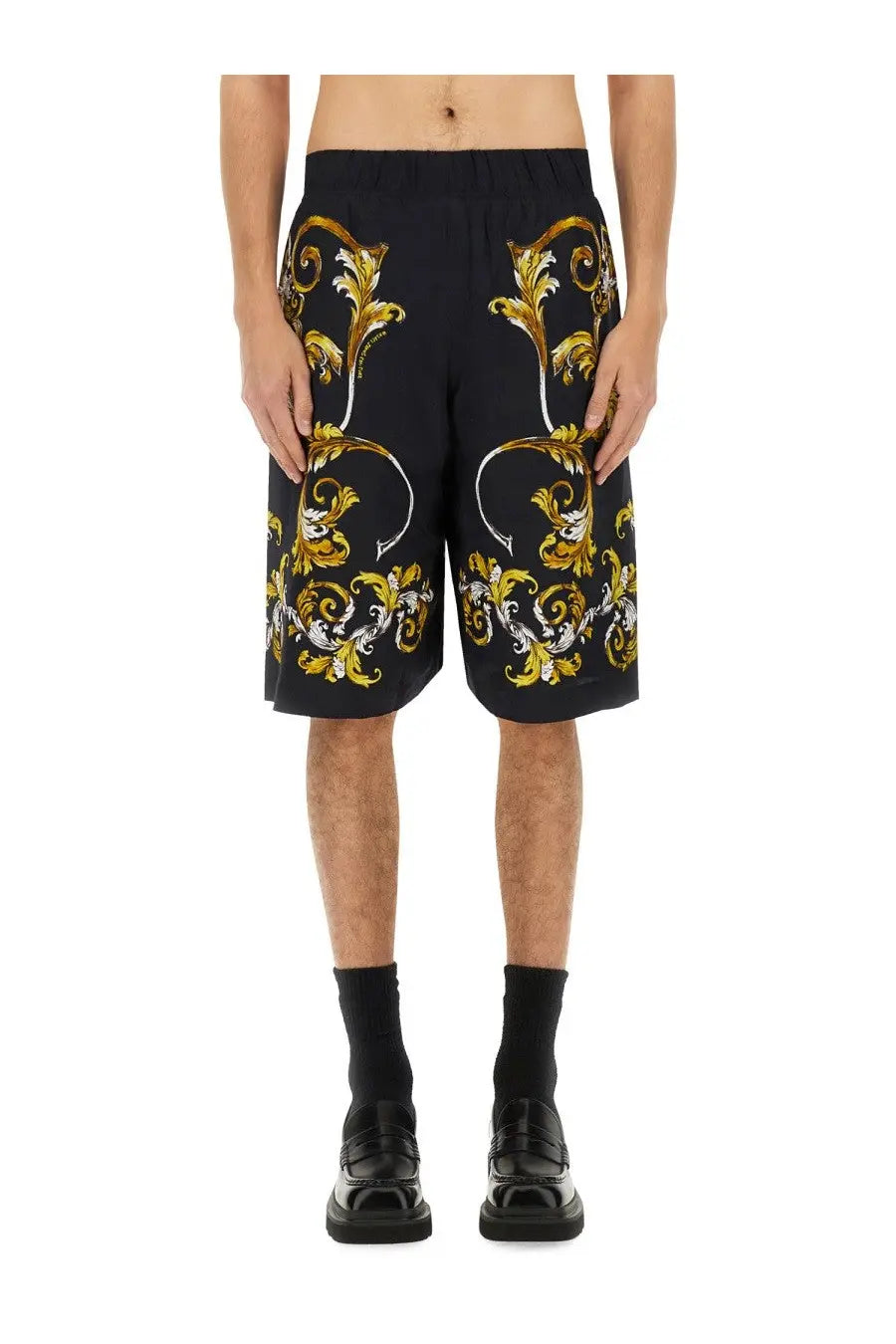 Versace Jeans Couture men’s black shorts with relaxed fit and ornate gold and white baroque-inspired pattern