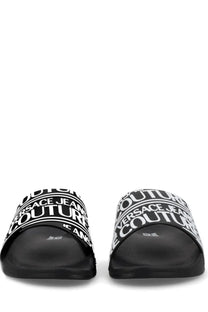 Versace Jeans Couture men’s black slide sandals with bold white logo bands in textile material