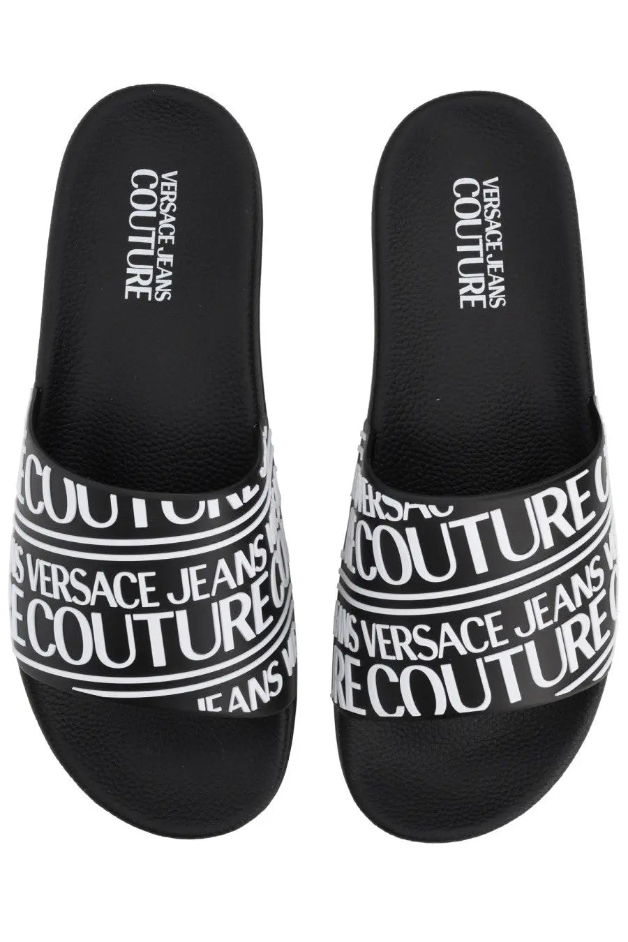 Versace Jeans Couture men’s black slide sandals with bold white repeating logo bands on the straps