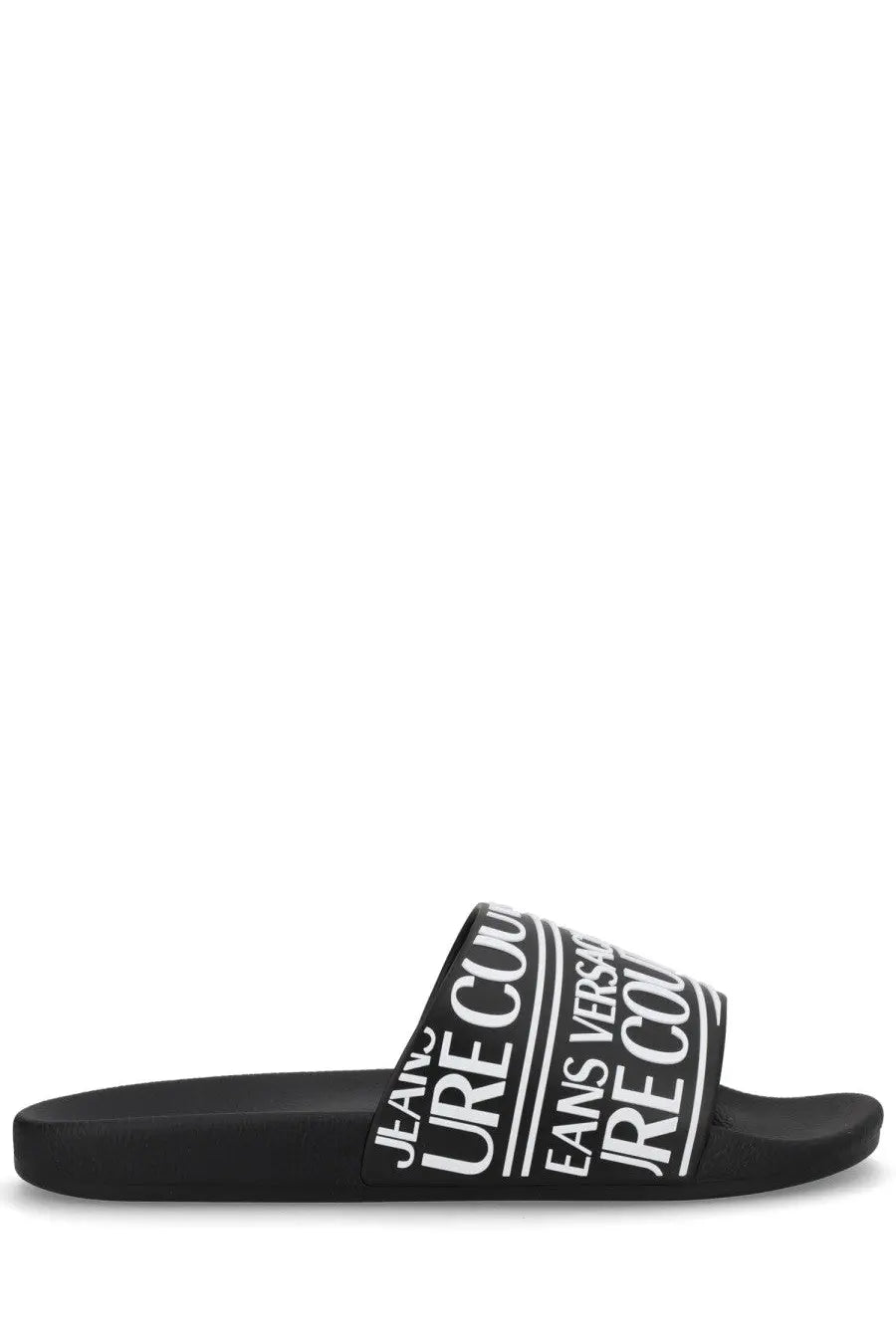 Versace Jeans Couture men’s black slide sandal with bold white logo branding across the strap